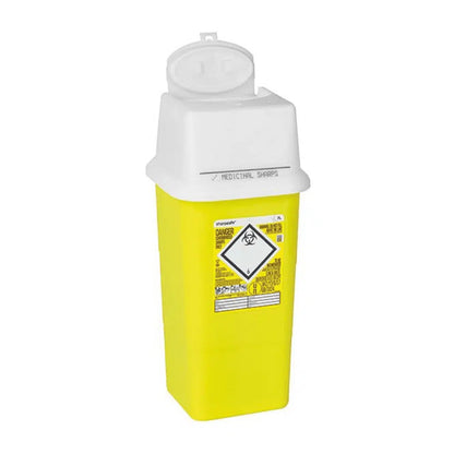 A yellow Sharpsafe disposal container for needles from Servoprax GmbH with a white lid and a warning of biological hazards serves for the safe disposal of needles and other sharp medical instruments.