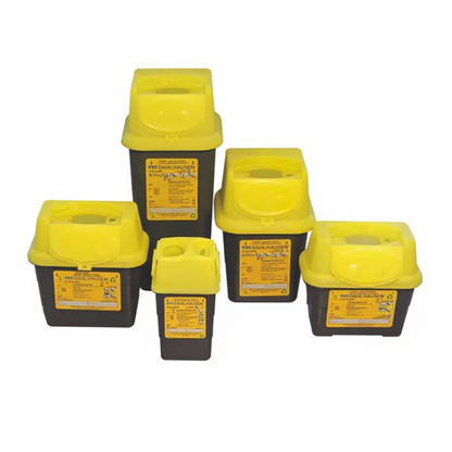 A set of five yellow-black Sharpsafe disposal containers for needles in various sizes from Servoprax GmbH, each labeled with instructions for use and hazard symbols. These safety containers are shown together on a plain white background and ensure safe disposal of needles.