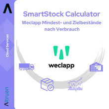 Logo and advertising graphic for "SmartStock Calculator: Weclapp Minimum and Target Stock Calculator by Consumption" by Altruan with symbols of a truck, a gift box, and a diagram as symbols for inventory management against a light background.