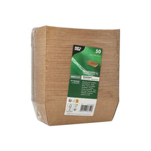 A stack of 50 PAPSTAR Snack Trays, Cardboard "pure" - brown PAPSTAR GmbH is packaged in plastic with a green-and-white label and offers eco-friendly disposable snack trays for sustainable single-use tableware needs.