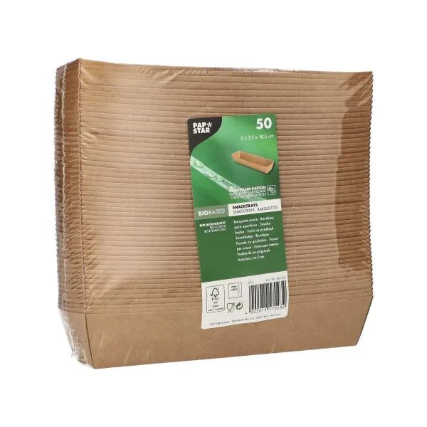 A pack of 50 brown PAPSTAR "pure" snack trays made of cardboard from PAPSTAR GmbH - perfect as an eco-friendly addition to sustainable disposable tableware or biodegradable napkins.