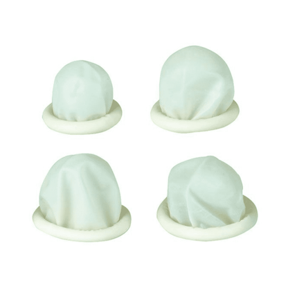 On a plain background, four small, round Soft-Hand latex finger cots from Servoprax GmbH are depicted. Each non-sterile, white finger cot is slightly inflated, highlighting the texture and elastic quality of the powder-free latex material.