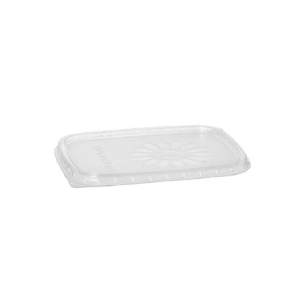 Transparent rectangular lid with rounded corners and a floral pattern in the center, ideal as a Starpak lid for PP packaging cups for practical takeaway catering containers.