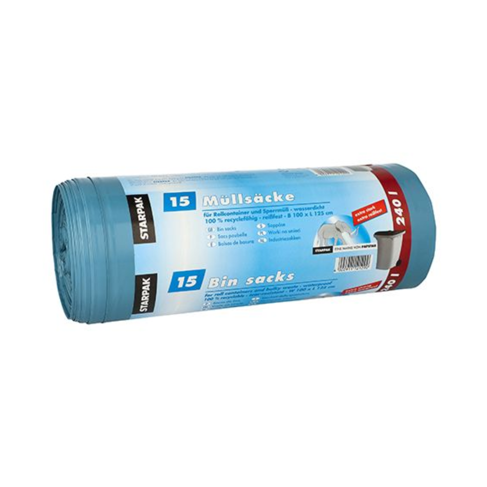 A roll of Starpak garbage bags 240 l H 125 x W 100 cm blue, equipped with a multilingual band with "Garbage bags 240 liters", "15 pieces" and "100% recycled plastic", is perfect for bulky waste disposal. Made from durable LDPE film, the brand name "Starpak" stands out.