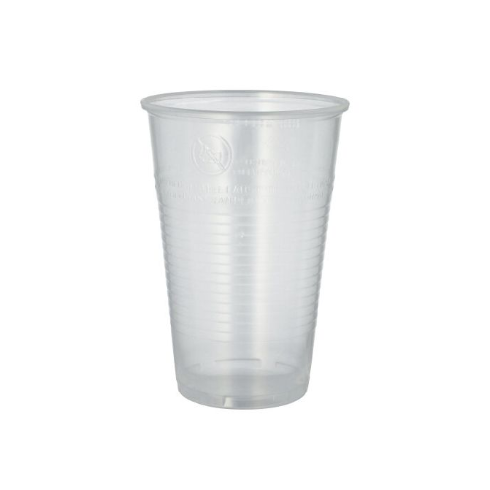 A transparent Starpak plastic cup (PP) 0.5 l stands upright against a plain white background. This polypropylene cup has a ribbed structure and a slightly flared rim at the top.