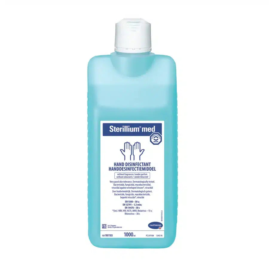 A plastic bottle of Sterillium® med hand disinfectant from Paul Hartmann AG, light blue, containing 1000 ml of liquid disinfectant. The label is white with text and logo in blue.