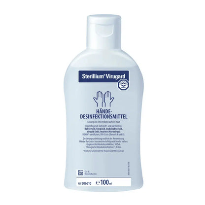 A bottle of BODE Sterillium® Virugard hand disinfectant. The label is predominantly white and blue and shows product details in German as well as a picture of two hands illustrating the application. Brand name: Paul Hartmann AG.