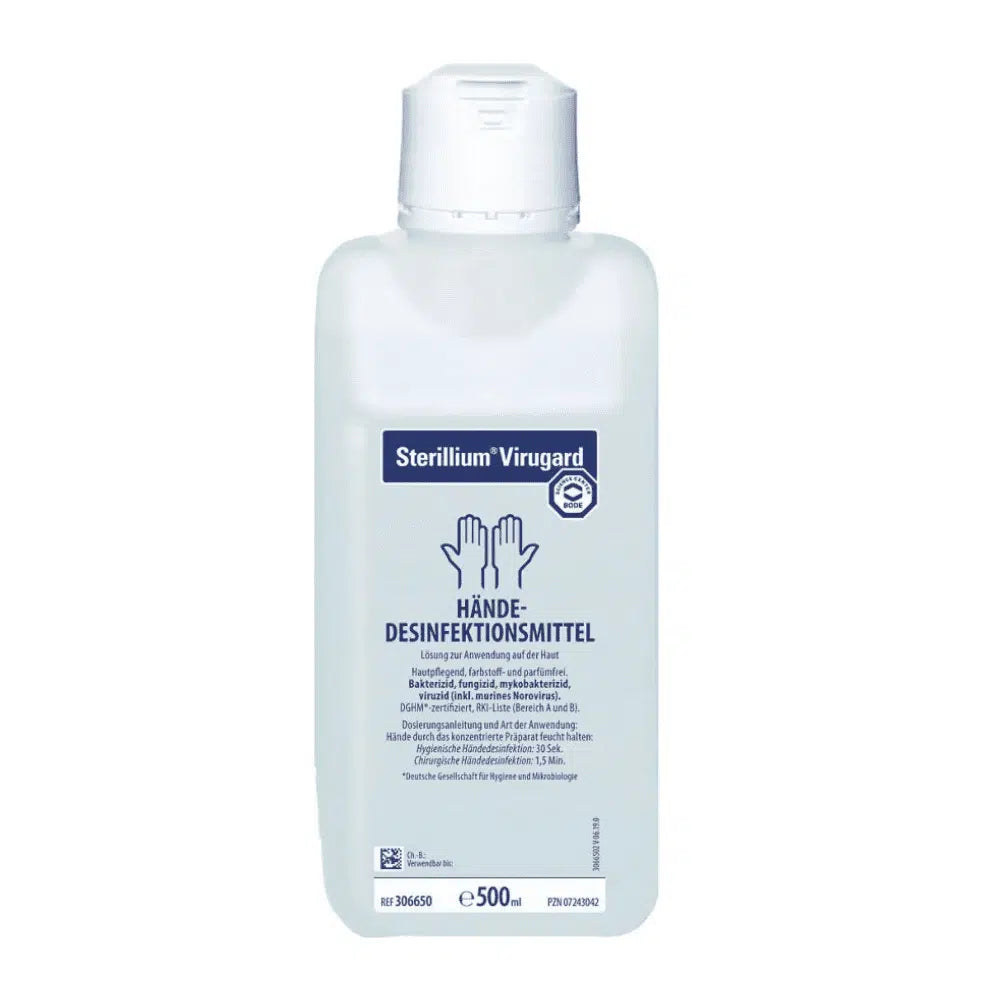 A bottle of BODE Sterillium® Virugard hand disinfectant with German labeling, indicating that it is a bactericidal, fungicidal, and virucidal disinfectant from Paul Hartmann AG.