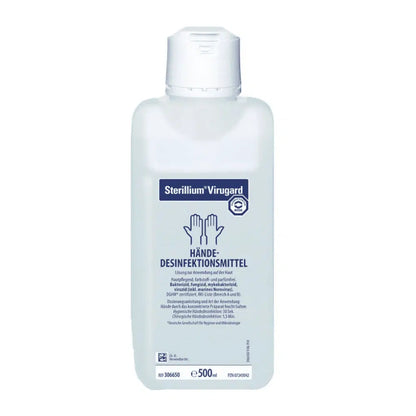 A bottle of BODE Sterillium® Virugard hand disinfectant with German labeling, indicating that it is a bactericidal, fungicidal, and virucidal disinfectant from Paul Hartmann AG.