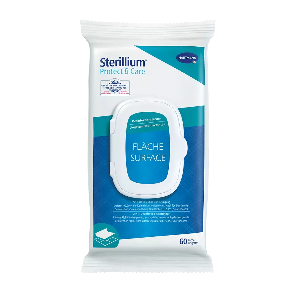 A pack of Hartmann Sterillium® Protect & Care Disinfectant Wipes for surfaces softpack. The white-blue packaging contains 60 wipes and is marked with the logo of Paul Hartmann AG. The text on the packaging is mostly in German and states that it is for fast disinfection of sensitive surfaces.