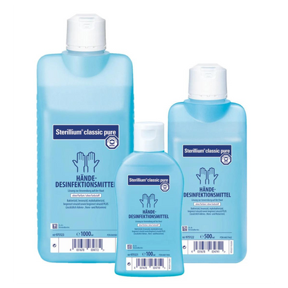 Three bottles of Sterillium® classic pure hand sanitizer in different sizes. The bottles are blue with white caps and German labeling indicating content and volume. Brand name: Paul Hartmann AG