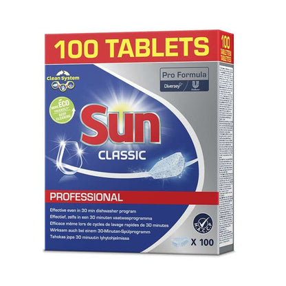 On the packaging of SUN Professional Classic Tabs, dishwasher cleaner tabs from Diversey Deutschland GmbH & Co. OHG, it says "100 Tabs" and "Professional" in bold letters. It highlights the environmentally friendly formula and effectiveness in a 30-minute program, with the brand logo prominently displayed on a blue background.