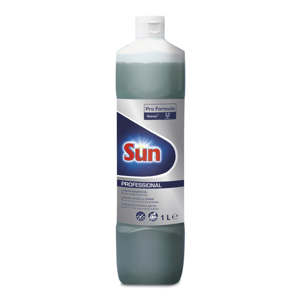 A 1-liter bottle of Diversey Sun Professional hand dishwashing liquid from Diversey Deutschland GmbH & Co. OHG features a white cap, a predominantly white label with the Sun logo, product details, cleaning and safety symbols, and boasts a fresh lemon scent.