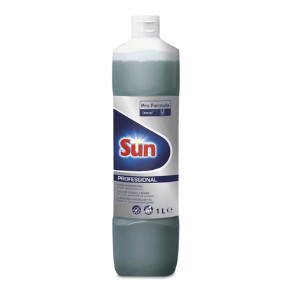 A 1-liter bottle of Diversey Sun Professional hand dishwashing liquid from Diversey Deutschland GmbH & Co. OHG features a white cap, a predominantly white label with the Sun logo, product details, cleaning and safety symbols, and boasts a fresh lemon scent.