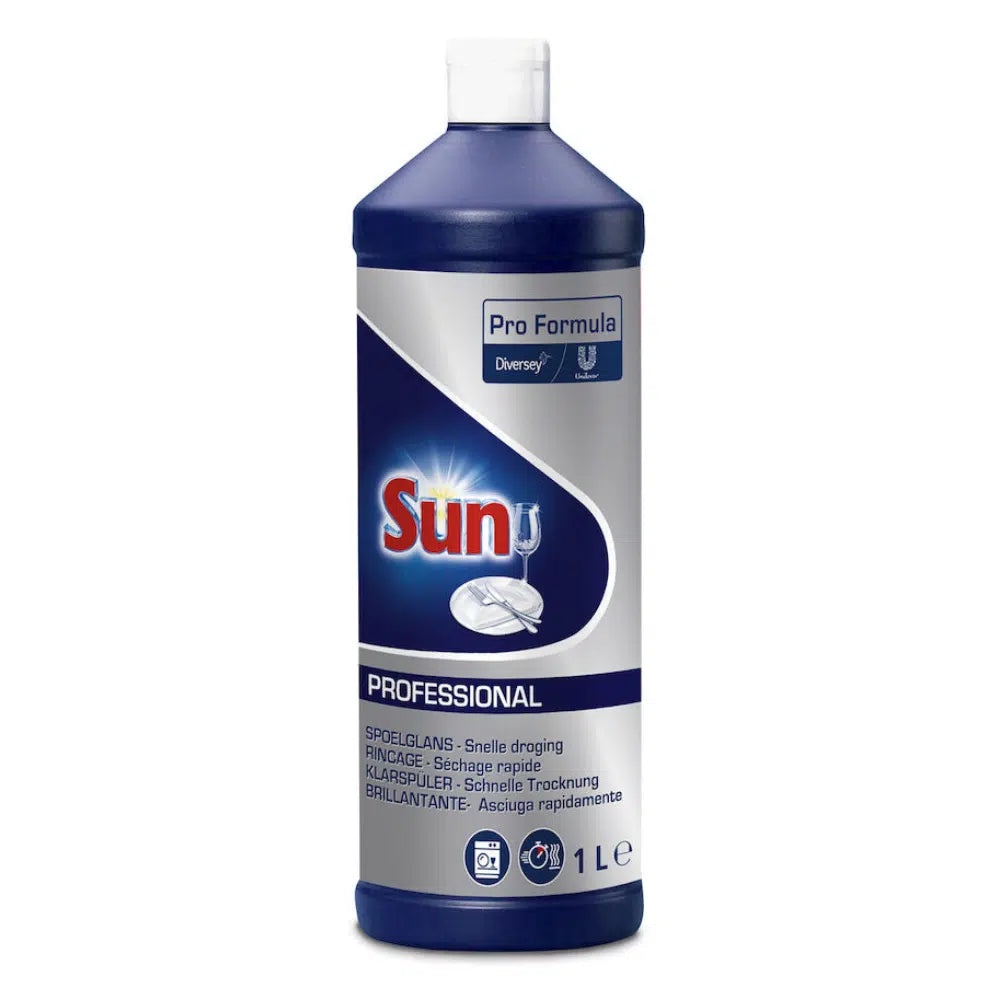 A 1-liter bottle of SUN Professional Rinse Aid from Diversey Deutschland GmbH & Co. OHG is ideal for your dishwasher. The blue and white label features a logo with a sparkling glass and highlights the fast-drying rinse aid properties for streak-free dishes, specifically developed for professional use.
