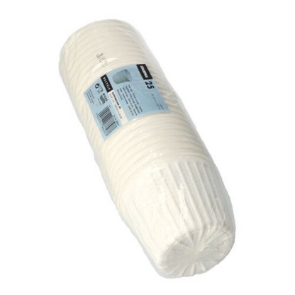 A stack of Starpak 25 soup cups, PP "To Go" Ø 11.5 cm white is packaged in clear plastic with a blue label with product information and barcode.