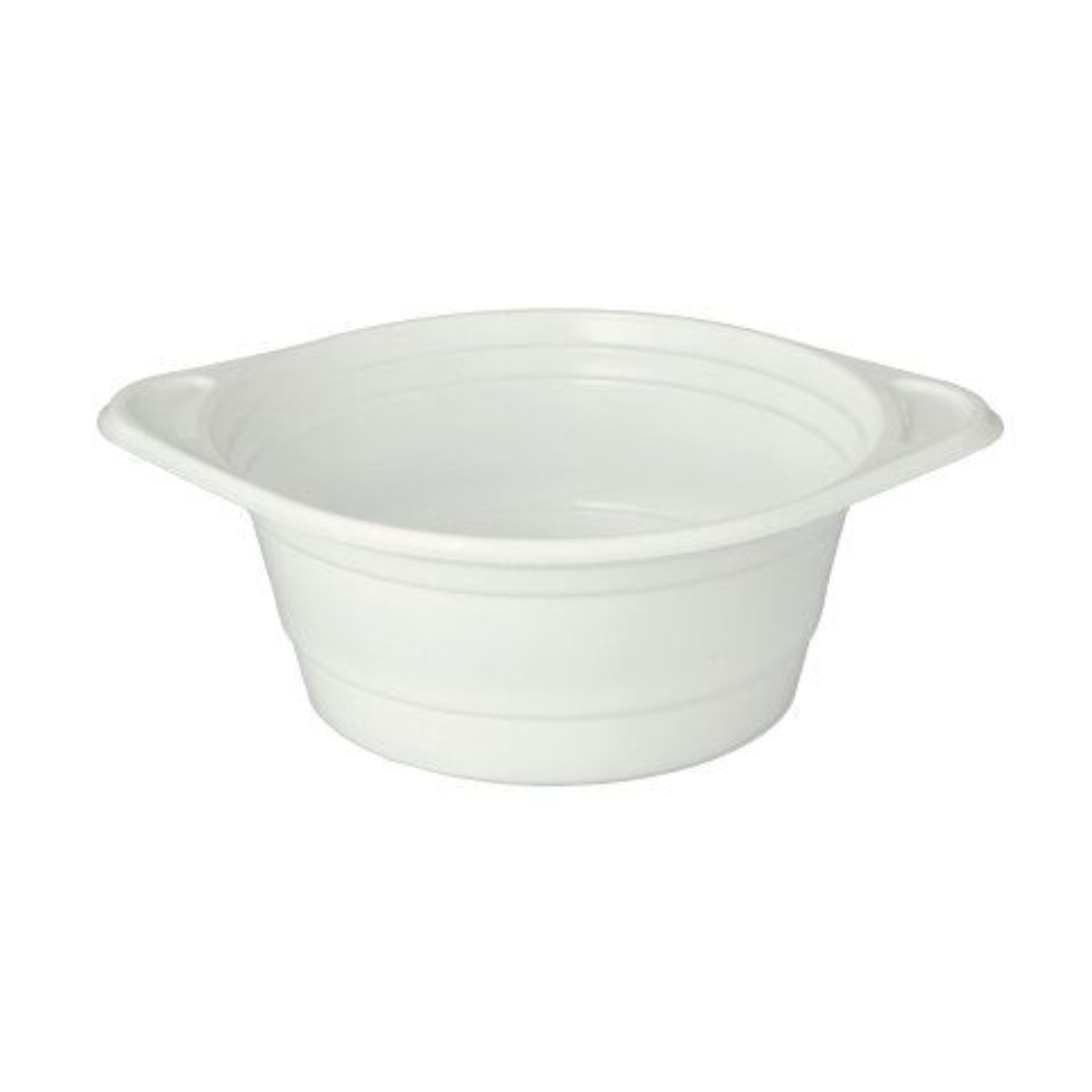 The Starpak 100 soup bowl is a simple, white, round PP plastic bowl (Ø 15.6 cm) with slightly flared sides and two small handles. This 750 ml disposable bowl from Starpak is shown empty on a white background.