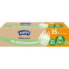 Eine Schachtel Swirl Bio-Müll Folienbeutel mit Tragegriff 35 l von der Melitta Europa GmbH & Co. KG enthält 6 reißfeste, auslaufsichere kompostierbare Beutel (deutsche Kennzeichnung) mit Umweltsymbolen für umweltfreundliche Entsorgung.