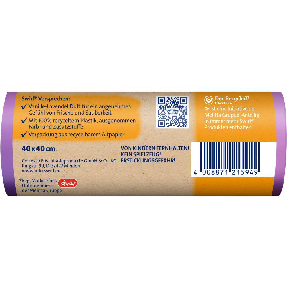 The German label of the Swirl scented garbage bag Vanilla-Lavender 10 l (14 bags, Melitta Europa GmbH & Co. KG) shows recycled plastic, barcode, recycling symbols, safety instructions and highlights the pleasant benefits of the vanilla-lavender scent.