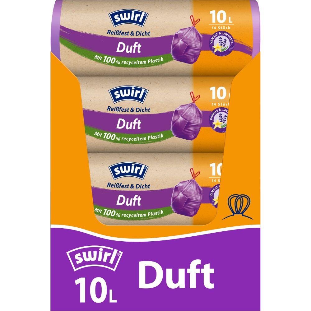 Pictured is a roll of Swirl scented garbage bags Vanilla-Lavender 10l Tear-Resistant & Leak-Proof by Melitta Europa GmbH & Co. KG with 14 garbage bags that smell of vanilla and lavender and are made from at least 100% recycled plastic.