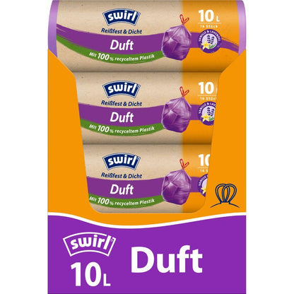 Pictured is a roll of Swirl scented garbage bags Vanilla-Lavender 10l Tear-Resistant & Leak-Proof by Melitta Europa GmbH & Co. KG with 14 garbage bags that smell of vanilla and lavender and are made from at least 100% recycled plastic.