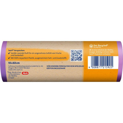 A cylindrical package from Melitta Europa GmbH & Co. KG contains Swirl scented garbage bags Vanilla Lavender 35L (9 bags, tear-resistant and leak-proof) with a German label, barcode, recycling information, and the note '100% recycled plastic'.