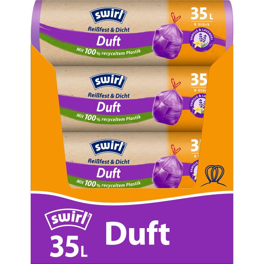 Three rolls of Swirl scented garbage bags Vanilla Lavender from Melitta Europa GmbH & Co. KG with 9 bags each (35L) are tear-resistant, leak-proof, and made from 100% recycled plastic with a refreshing vanilla-lavender scent.