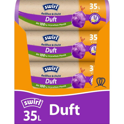 Three rolls of Swirl scented garbage bags Vanilla Lavender from Melitta Europa GmbH & Co. KG with 9 bags each (35L) are tear-resistant, leak-proof, and made from 100% recycled plastic with a refreshing vanilla-lavender scent.