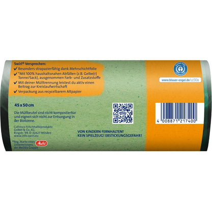 A roll of Swirl eco garbage bags with drawstring 20l tear-resistant & leak-proof (18 bags) from Melitta Europa GmbH & Co. KG made from recycled plastic features German text, a QR code, a barcode, a drawstring symbol, and a recycling logo on a green-white background.