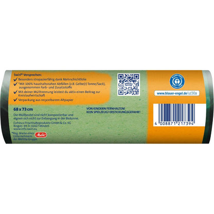 Swirl eco garbage bag with drawstring 60 l, tear-resistant & leak-proof thanks to 3-layer film with recycled plastic. Roll with 8 bags from Melitta Europa GmbH & Co. KG. Green background, orange-blue sections, Blue Angel, barcode, QR code, and contact.