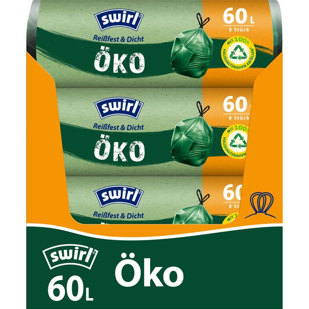 A pack of Swirl eco garbage bags with drawstring 60 l (from Melitta Europa GmbH & Co. KG) contains 3 rolls, each with 8 environmentally friendly, tear-resistant bags made from recycled plastic with green design and yellow-orange accents.