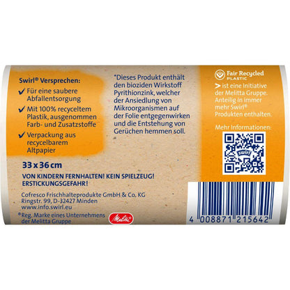Back of a Swirl handle-tie garbage bag Bath & Cosmetics 5L pack from Melitta Europa GmbH & Co. KG, with barcode, QR code, German product information, recycling details, safety warnings, antibacterial note, and 100% recycled plastic label.