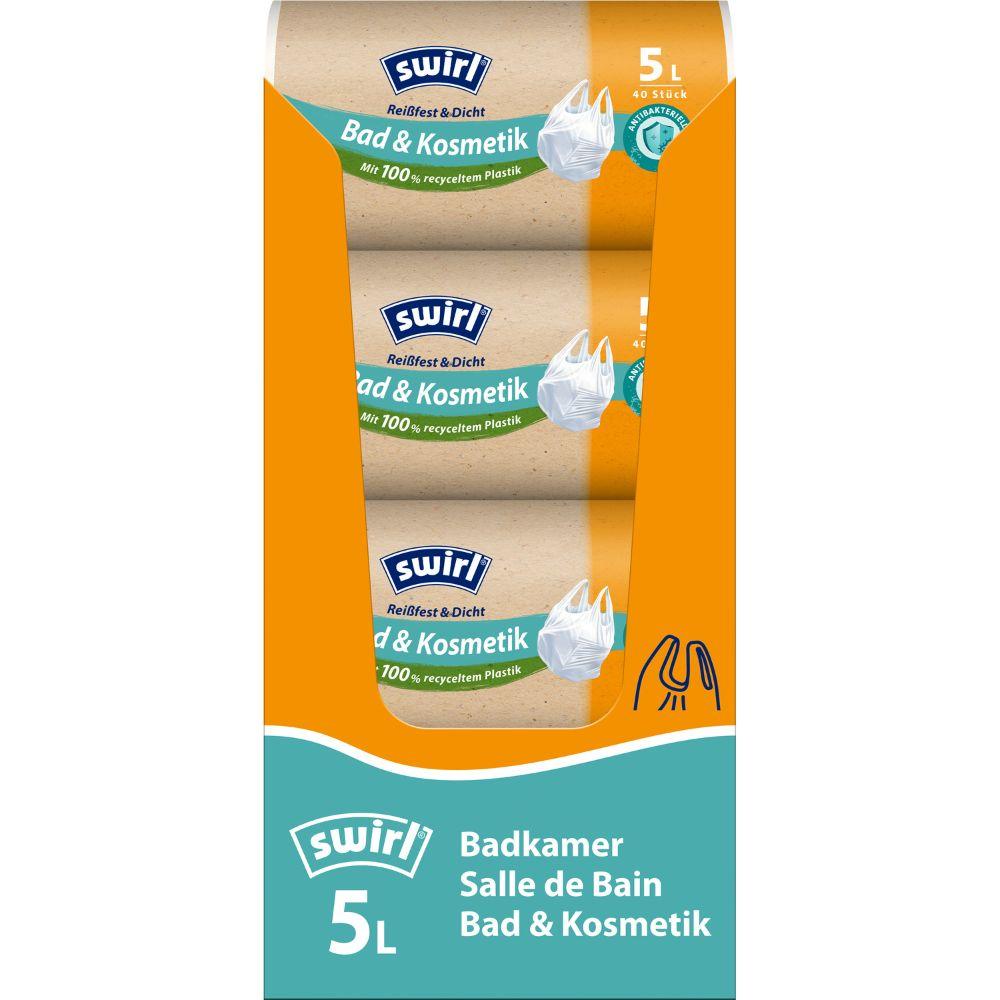 A roll of Swirl handle-tie garbage bags Bath & Cosmetics 5L Tear-resistant & Leak-proof from Melitta Europa GmbH & Co. KG with 40 tear-resistant and leak-proof bathroom garbage bags made from recycled plastic. The box is depicted in orange and blue.