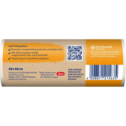 The image shows the back label of the Swirl carry handle garbage bag 20 l (20 bags) from Melitta with recycling information, QR code, details on 100% recycled plastic, size (48 x 48 cm) and warnings in German on an orange-beige background.