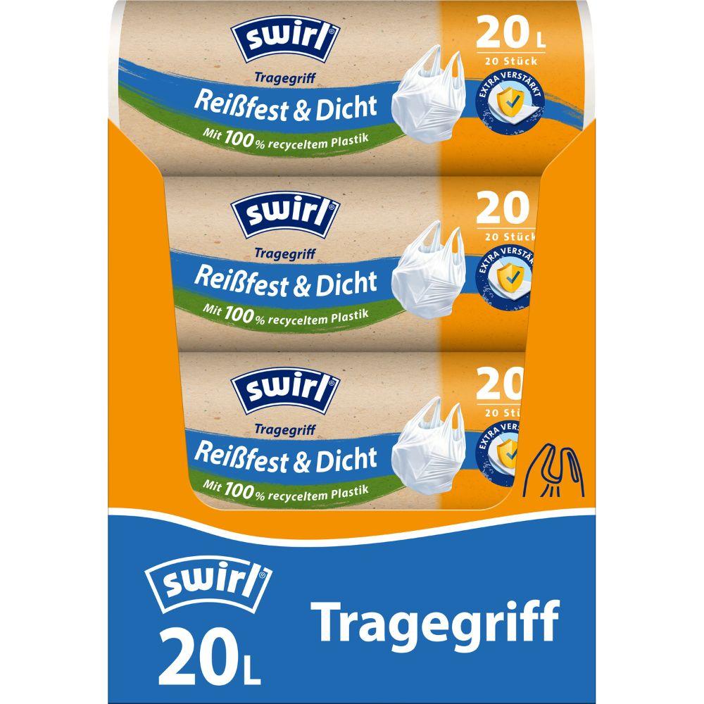 Three rolls of Swirl carry handle garbage bags 20l tear-resistant & leak-proof from Melitta Europa GmbH & Co. KG with 20 bags each made of 100% recycled plastic are delivered in orange-blue packages with the inscription "20 pieces" and a white garbage bag symbol.
