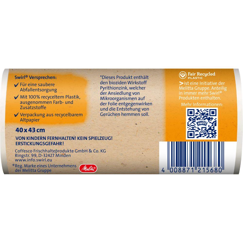 The Swirl handle garbage bags for bathroom & cosmetics 10 l from Melitta Europa GmbH & Co. KG are characterized by bags made of 100% recycled plastic, without dyes/additives, antibacterial properties, recyclable packaging, barcode, and QR code.