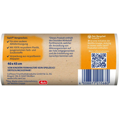 The Swirl handle garbage bags for bathroom & cosmetics 10 l from Melitta Europa GmbH & Co. KG are characterized by bags made of 100% recycled plastic, without dyes/additives, antibacterial properties, recyclable packaging, barcode, and QR code.