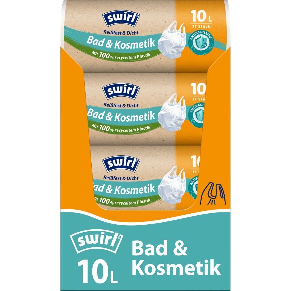 Swirl handle garbage bags for bathroom & cosmetics 10L from Melitta Europa GmbH & Co. KG, pack of 37 strong, leak-proof bags in blue-green and orange packaging, made of 100% recycled plastic.