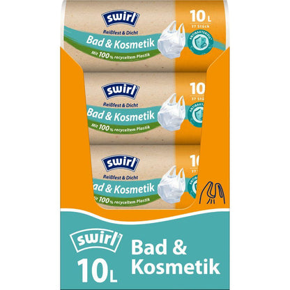 Swirl handle garbage bags for bathroom & cosmetics 10L from Melitta Europa GmbH & Co. KG, pack of 37 strong, leak-proof bags in blue-green and orange packaging, made of 100% recycled plastic.