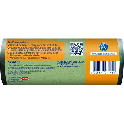 A close-up of the back label of Melitta's Swirl eco garbage bags with drawstring 35 l (12 bags) shows product promises, instructions for use, a QR code, a barcode, and German safety warnings on a green-orange background.