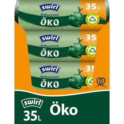 A roll of Swirl eco garbage bags with drawstring 35 l (12 bags) by Melitta Europa GmbH & Co. KG with environmentally friendly symbols and colors is made from recycled plastic and offers a sustainable and safe waste solution.