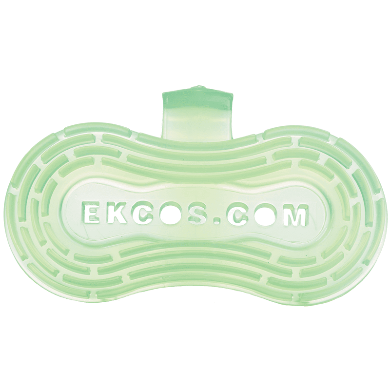 The Ekco Clip Air Freshener Green Apple by Diversey Deutschland GmbH & Co. OHG is a green toilet bowl air freshener with a fresh Green Apple scent, pack of 10 pieces, with a raised ribbed pattern and "EKCOS.COM" cutout in the middle.