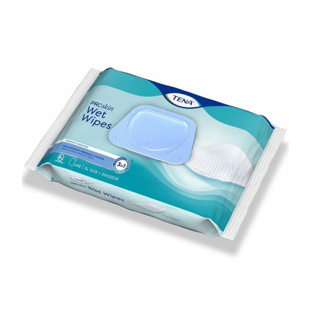 The TENA 3-in-1 Wet Wipe package in blue and white packaging emphasizes its 3-in-1 skincare benefits with gentle application. The light blue, resealable flip-top lid ensures freshness and makes these practical incontinence products from Essity Germany GmbH an effective choice for thorough cleaning.