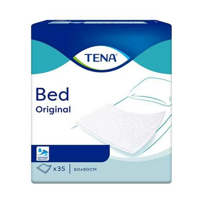 A pack of TENA Bed Original bed protection pads with dimensions "60x90cm" and containing 35 pieces from the brand TENA - Essity Germany GmbH. The blue and white packaging shows an image of a bed with sheets and emphasizes their waterproof backing to protect against unintentional urine loss.