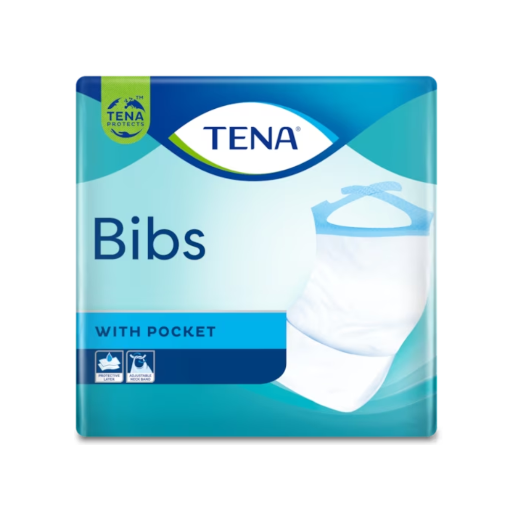 The packaging for TENA Bibs disposable protective napkins, clothing protection, is in a stylish blue-green design and shows a white bib with a blue border. The prominent TENA logo is positioned at the top, while the text emphasizes the pocket function of the bibs, making them perfect for the need for clothing protection and disposable protective napkins.