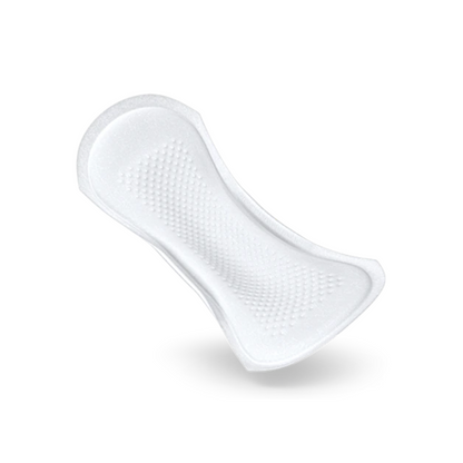 A single TENA Comfort Mini Plus incontinence pad by Essity Germany GmbH, showcasing its contoured shape and textured surface with a Dry Fast Core for improved absorbency, hangs against a solid-colored background.