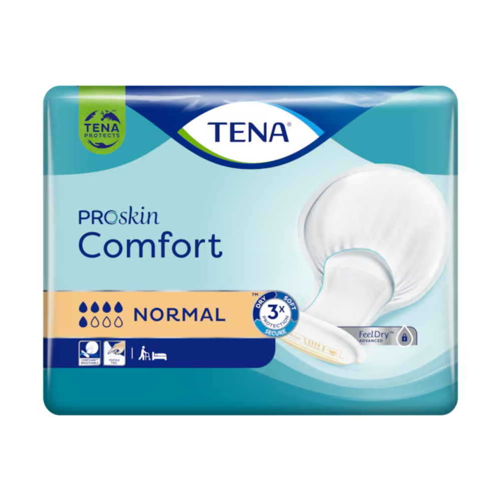 Die TENA Comfort Normal Inkontinenzvorlage-Packung mit 42 Stück von TENA - Essity Germany GmbH enthält Einlagen, die einen hervorragenden Auslaufschutz bieten. Die Verpackung ist hauptsächlich blau mit weißen und goldenen Akzenten und zeigt ein Einlagenbild sowie Symbole für Saugfähigkeit, Geruchskontrolle und Auslaufschutz.