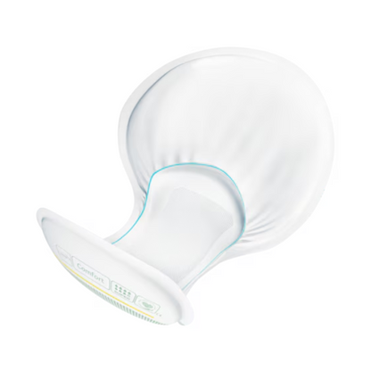 A TENA Comfort Maxi incontinence pad with a white, curved shield featuring a wide, round flange and a narrower, textured stem offers impressive absorbency. Its ergonomic design ensures comfort during use and enhances the overall experience.