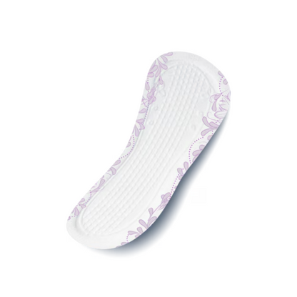 The TENA Discreet Normal incontinence pad from Essity Germany GmbH has a curved shape with subtle purple floral patterns on the edges and offers additional protection for bladder weakness. These white sanitary pads were developed with microPROTEX technology, are available in a pack of 24 pieces, and are isolated on a white background.