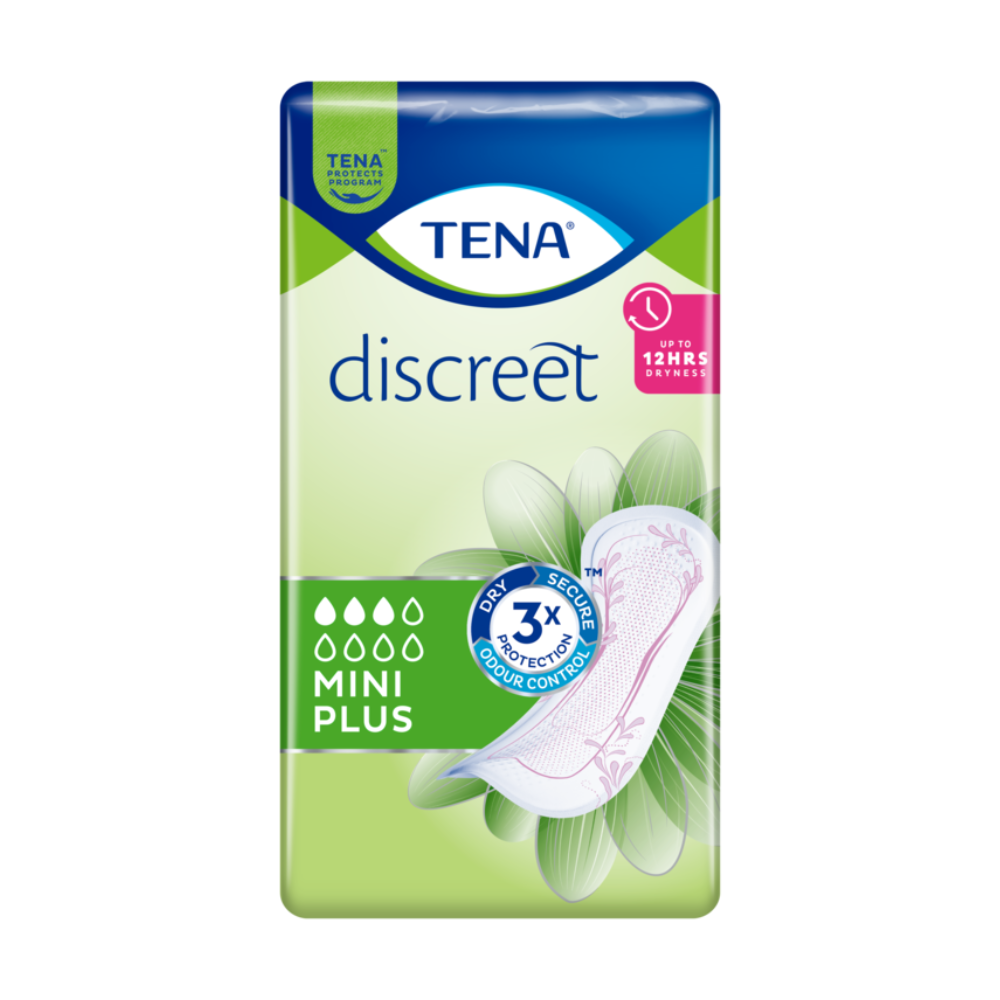 The packaging of the TENA Discreet Mini Plus incontinence pad, manufactured by TENA - Essity Germany GmbH, is designed in blue and green. It highlights features like "up to 12 hours dryness" and "3-fold protection odor control" for triple protection. Additionally, there is a striking image of a pad with a floral pattern to emphasize effective bladder weakness protection. The package contains 20 pieces.